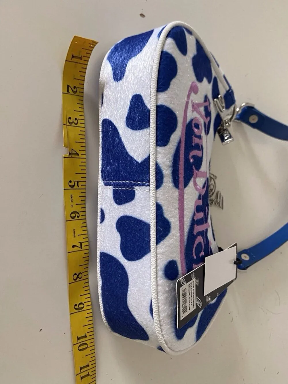 Von Dutch Vegan Pony Hair Blue Cow‎ Print Shoulder Bag W/Charms NEW